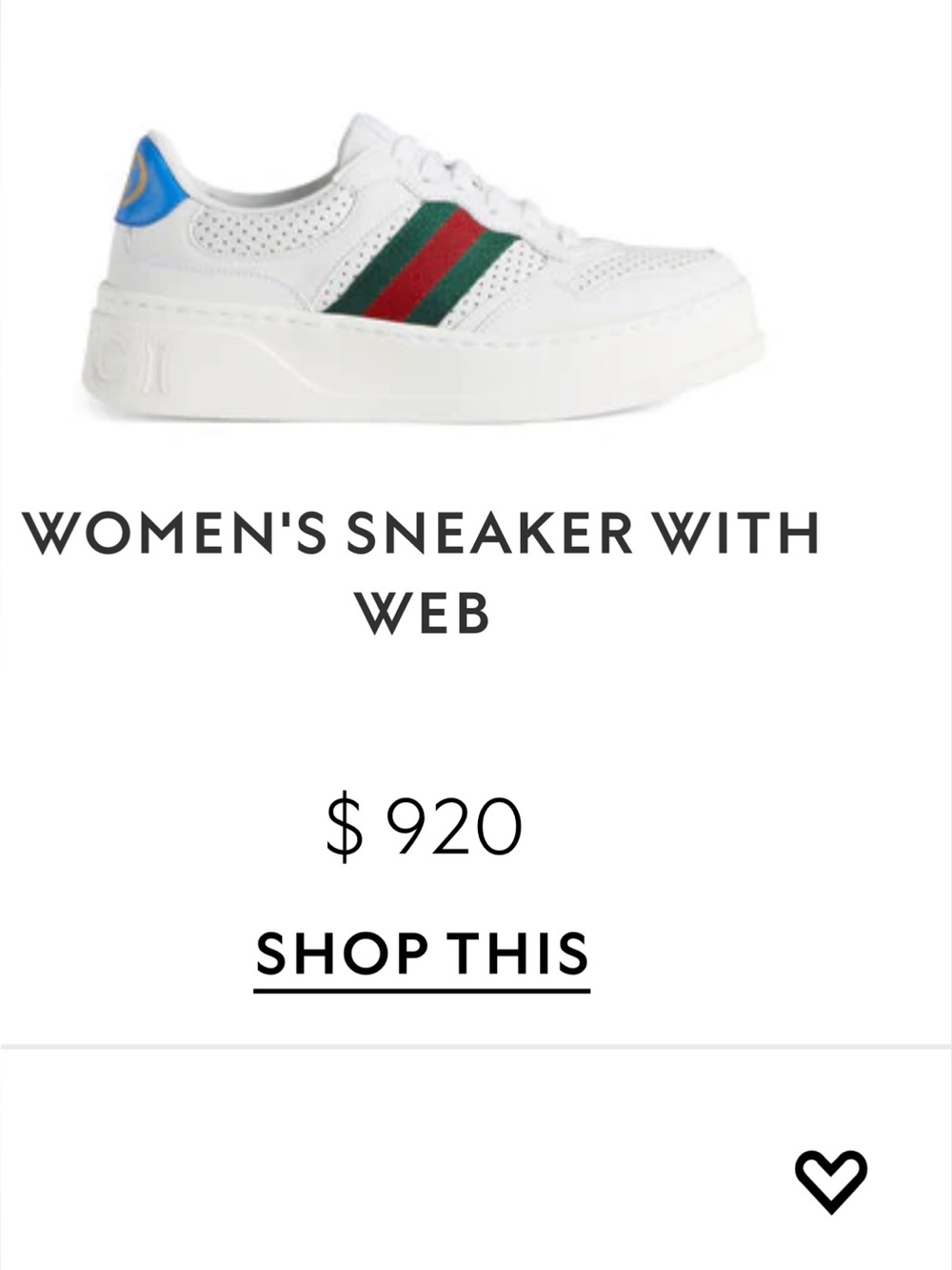 Gucci White Leather Low-Top Sneaker with Green & Red Web and Blue Heel